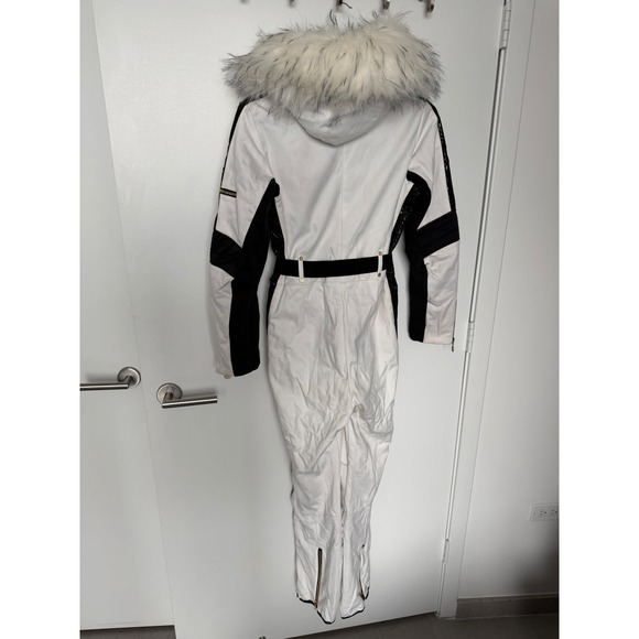 Luxury White Black Gold Fur Hooded Ski Suit Jumpsuit Women's Snowboard US 6 - Picture 15 of 16